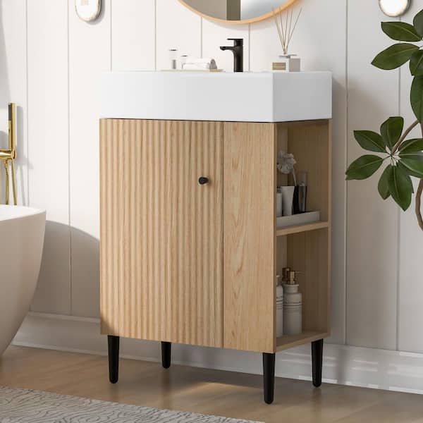21.6 in. Single Sink Freestanding Wood Bath Vanity with White Ceramic Top and Right Side Storage