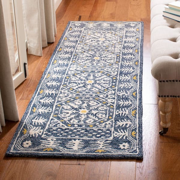 Micro-Loop Blue/Ivory 2 ft. x 7 ft. Multi-Border Runner Rug