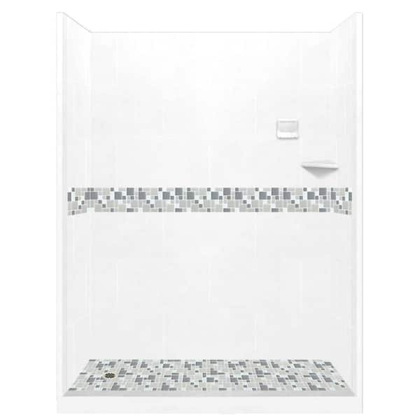 American Bath Factory Newport 60 in. L x 42 in. W x 80 in. H Left Drain Alcove Shower Kit with Shower Wall and Shower Pan in Natural Buff