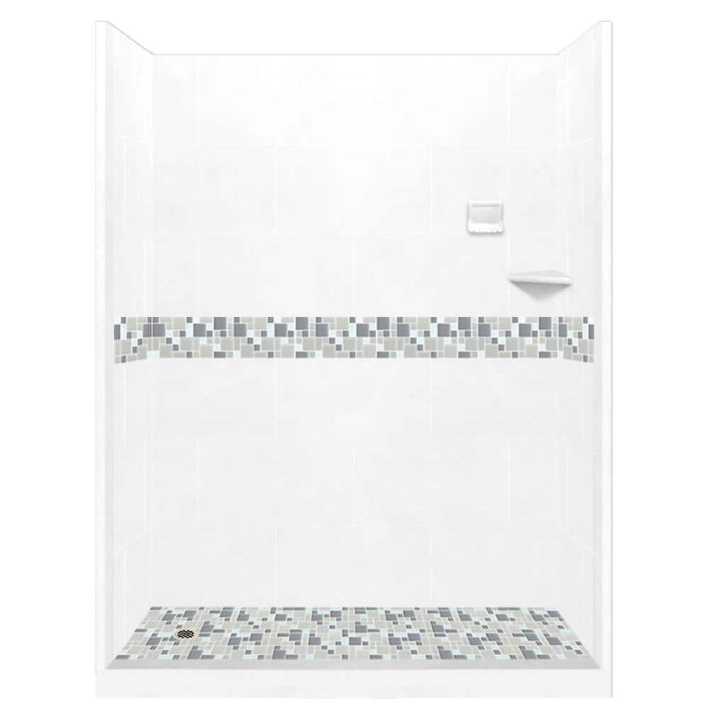 Newport 60 in. L x 36 in. W x 80 in. H Left Drain Alcove Shower Kit with Shower Wall and Shower Pan in Natural Buff price history on PriceWatchPro