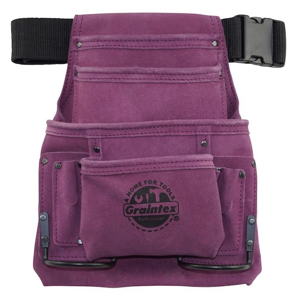 10-Pocket Suede Leather Nail and Tool Pouch with Belt in Purple