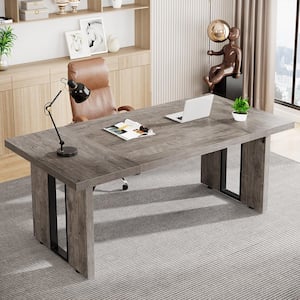 Havrvin 71 in. Rectangle Grey MDF Computer Desk with Metal Frame, Modern Workstation Business Furniture for Home Office