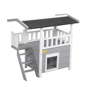 2-Tier Wood Cat House Outdoor Pet Shelter Gray