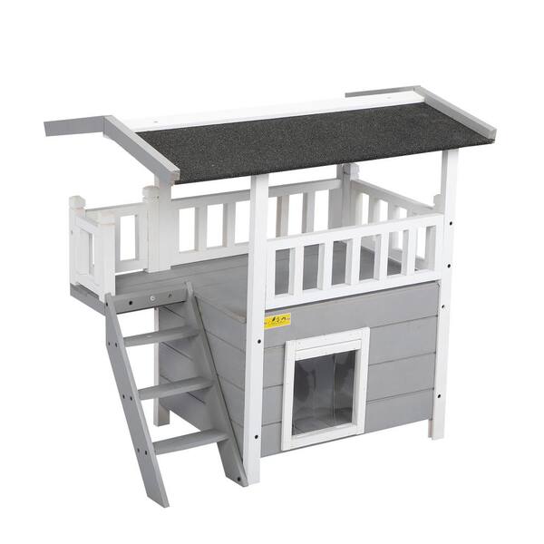 COZIWOW 2-Tier Wood Cat House Outdoor Pet Shelter Gray