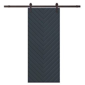 Herringbone 24 in. x 80 in. Fully Assembled Charcoal Gray Stained MDF Modern Sliding Barn Door with Hardware Kit