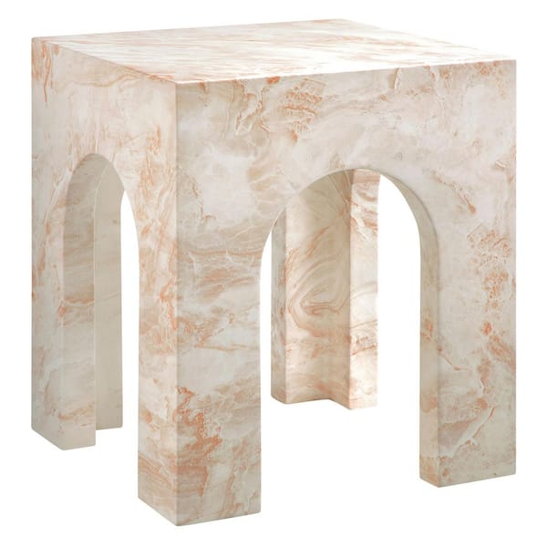 MODWAY Valen Arched Concrete Side Table with Faux Stone Finish in Honey Onyx-Square Side Table for Living Room