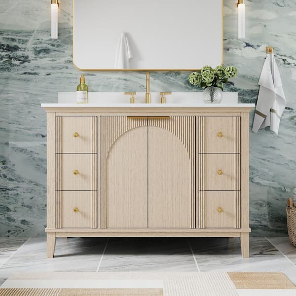 48 in. Freestanding Solid Wood Oak Bath Vanity with White Quartz Top Assembled, Soft-Close Drawers and Doors, Backsplash