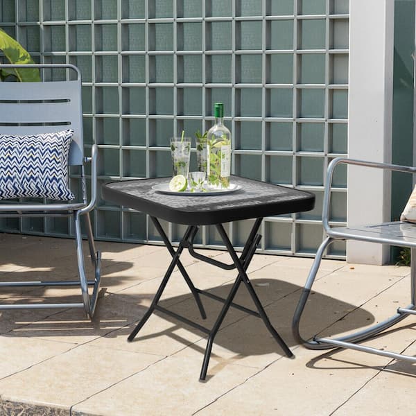 Square Folding Tempered Glass Outdoor Side Table Foldable Outdoor End Table in Black (2-Pack)