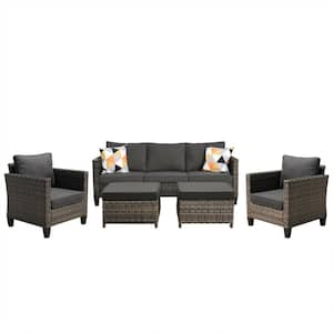 Victoria Gray 5-Piece Wicker Outdoor Patio Conversation Seating Sofa Set with Black Cushions