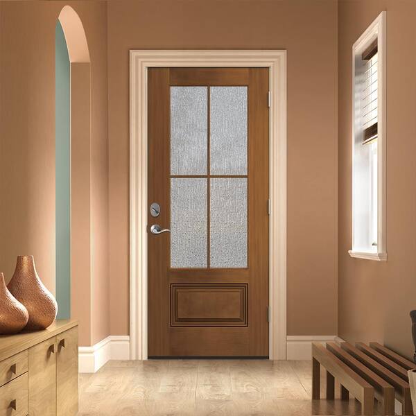 36 in. x 80 in. Right-Hand 3/4 Lite Rain Decorative Glass Mocha Stain Fiberglass Prehung Front Door w/Brickmould 36 in. x 80 in. Right-Hand 3/4 Lite Rain Decorative Glass Mocha Stain Fiberglass Prehung Front Door w/Brickmould
