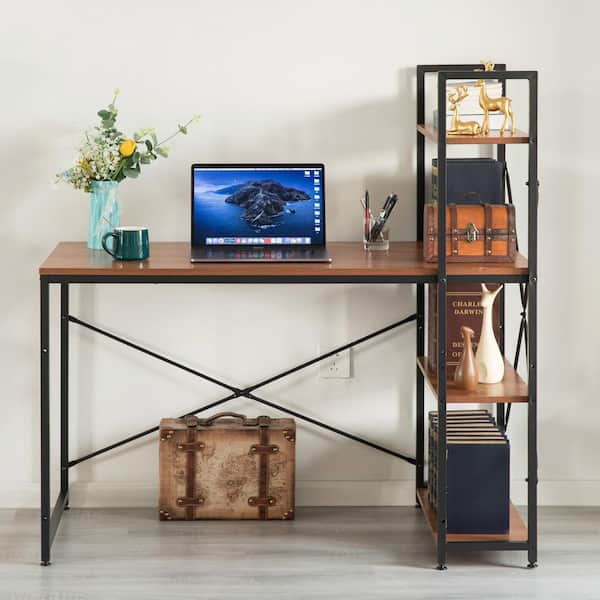 Basicwise 47 In Cherry Wood And Metal, Computer Desk With Attached Bookcase