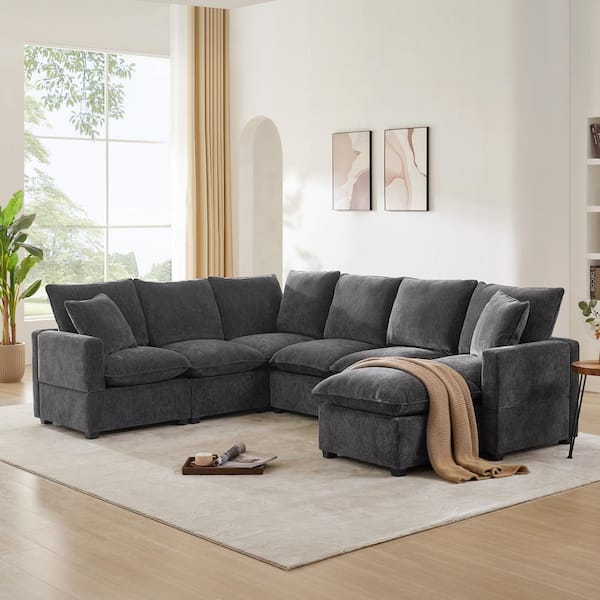 sumyeg 110 in. U-Shaped Chenille Modular Sectional Sofa in. Dark Gray with 2 Pillows