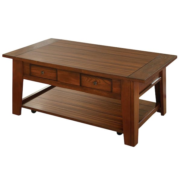 Unbranded Desoto 32 in. Red Oak Large Rectangle Wood Coffee Table with Casters