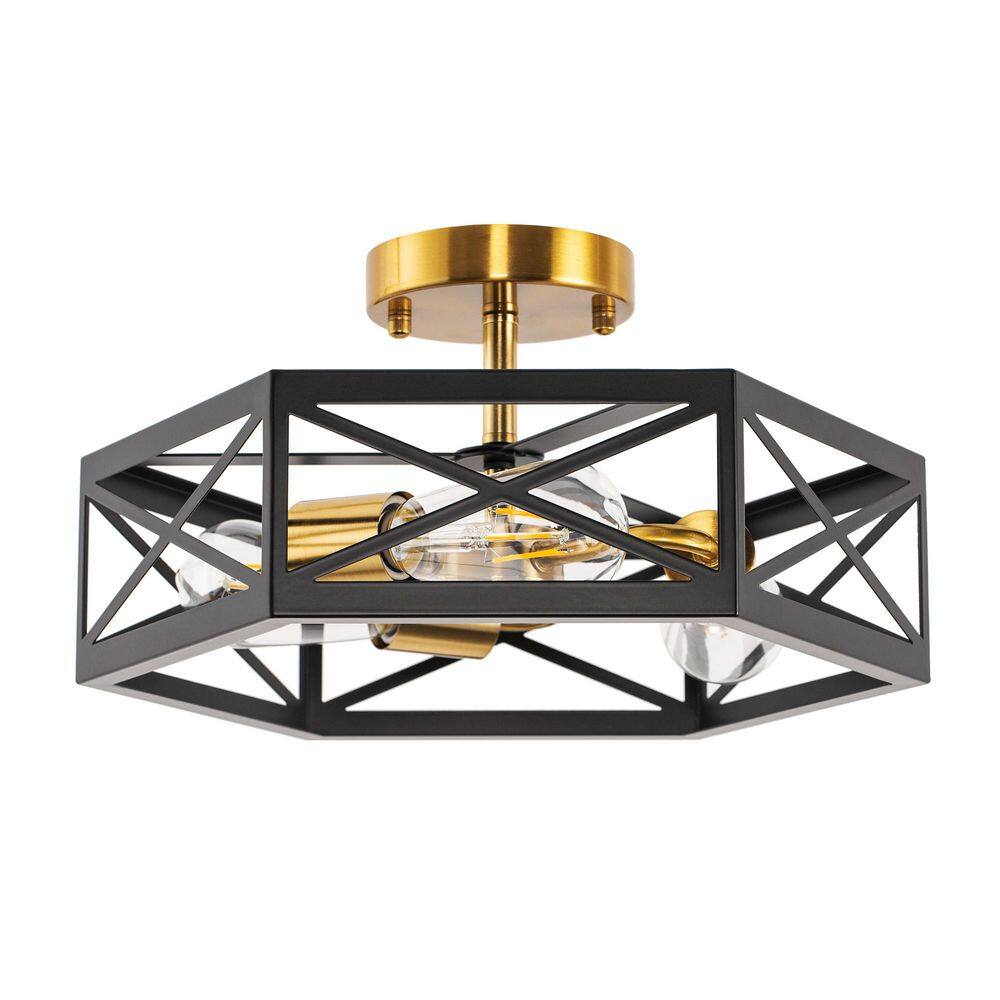14.8 in. 3-Light Black and Gold Semi- Flush Mount Lighting with Hexagon for Hallway 1-Pack price history on PriceWatchPro