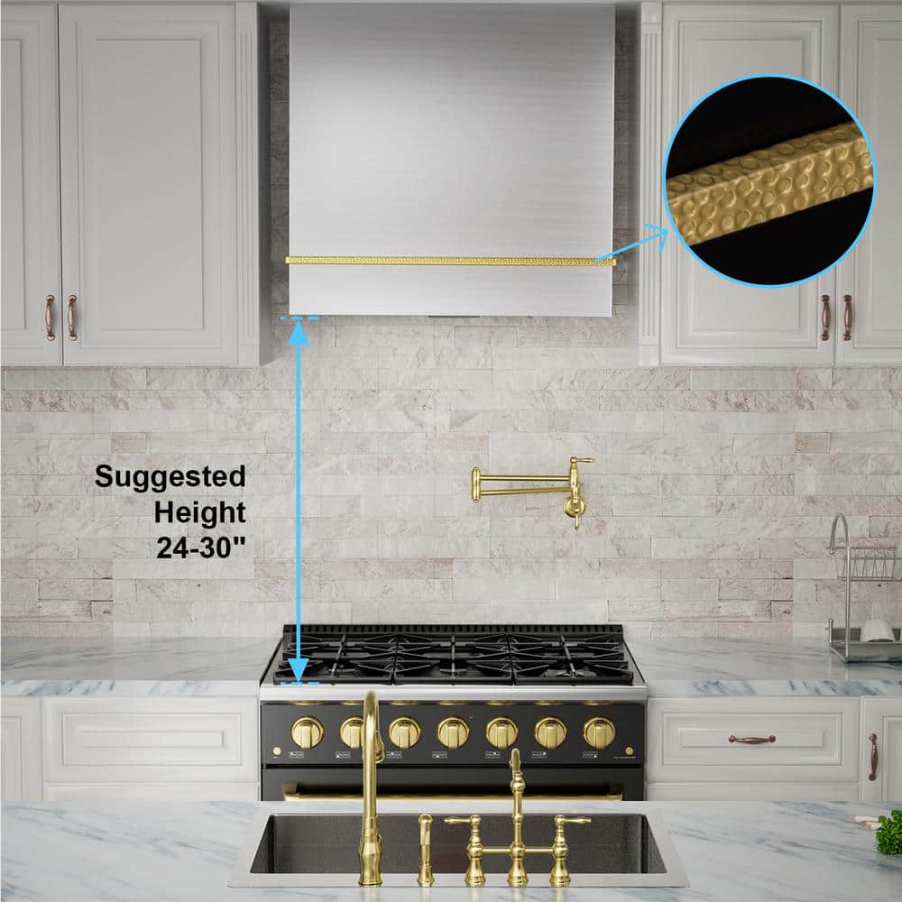 30" Brushed Stainless Steel and Gold Wall Mount Range Hood