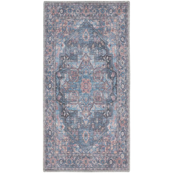 57 GRAND BY NICOLE CURTIS 57 Grand Machine Washable doormat Light Blue Multi 2 ft. x 4 ft. Bordered Traditional Kitchen Rug