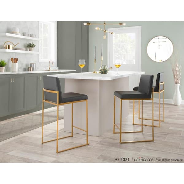 Fuji 35.5 in. Grey Faux Leather and Gold Steel High Back Counter Height Bar Stool (Set of 2)