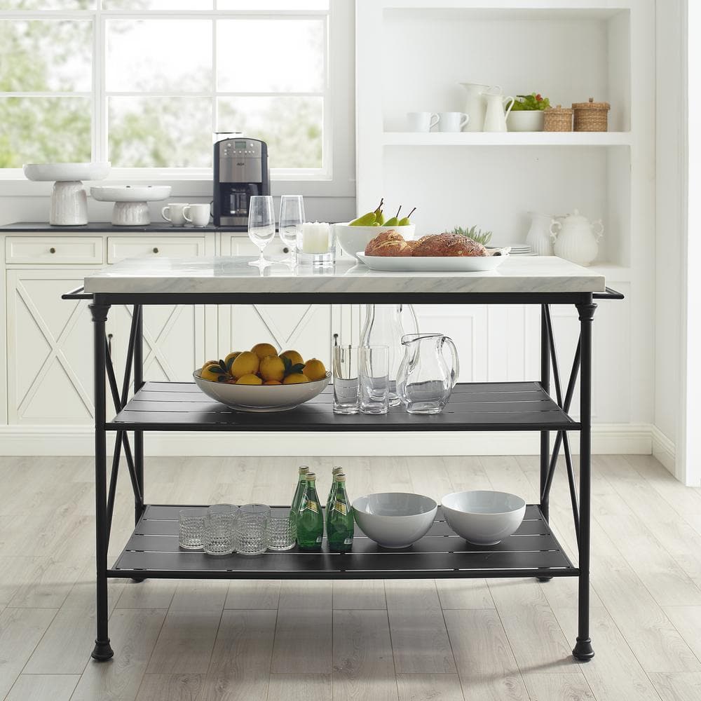 White Faux Marble and Matte Black Steel Kitchen Island Cart
