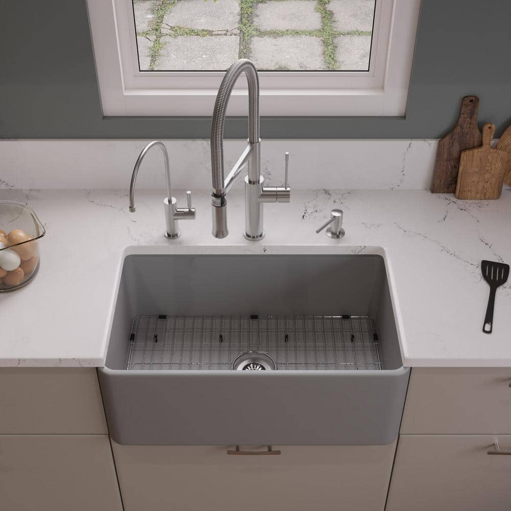 Gray Matte Fireclay 30" Single Bowl Farmhouse Sink
