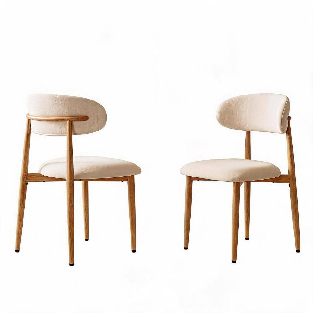 Modern Dining Chairs Set of 2, 17.5 in. Beige Fabric Upholstered Metal with Wood-Grain Legs, Assembled