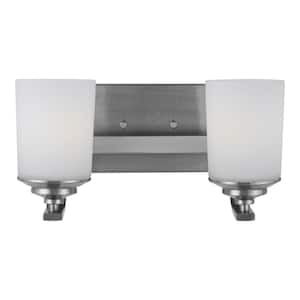 Kemal 13.75 in. 2-Light Brushed Nickel Traditional Wall Bathroom Vanity Light with Etched White Glass Shades