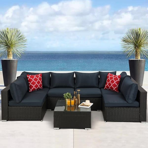 Afoxsos Dark Coffee 7-Piece Wicker Outdoor Conversation Sets Sofa Sets with Dark Blue Cushions, 2 Pillows and Coffee Table