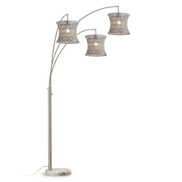 Bohol 83 in. Brushed Nickel 3-Lights Arc Tree Floor Lamp with Rattan Shades