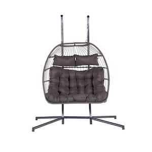 2 Person Wicker Patio Outdoor Rattan Porch Swing Hanging Egg Chair With Dark Gray Cushion
