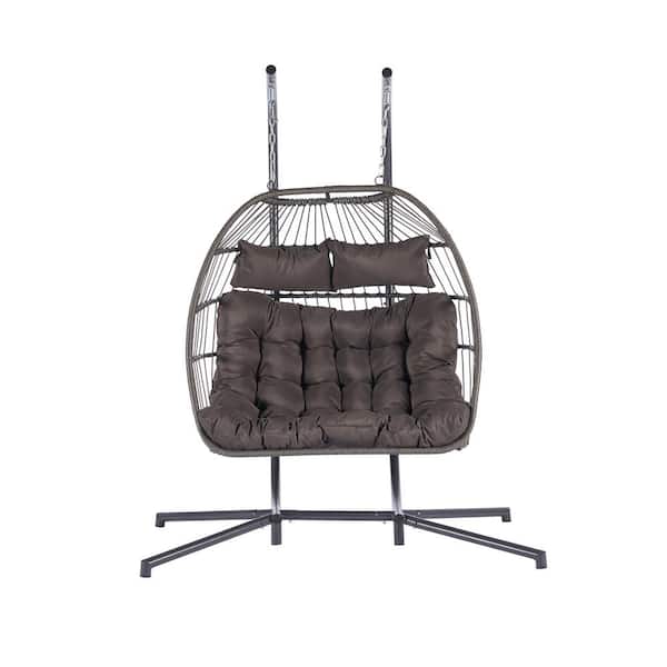 Unbranded 2 Person Wicker Patio Outdoor Rattan Porch Swing Hanging Egg Chair With Dark Gray Cushion