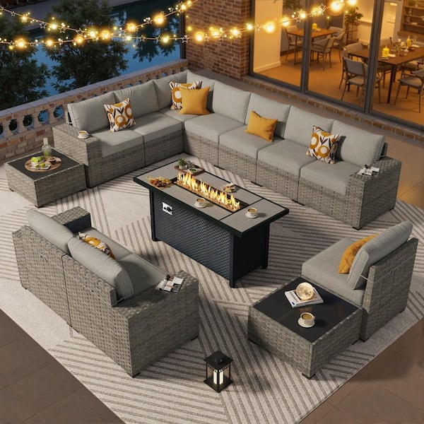 Amara 13 Pieces Wicker Outdoor Patio Rectangular Fire Pit Set with Dark Gray Cushions