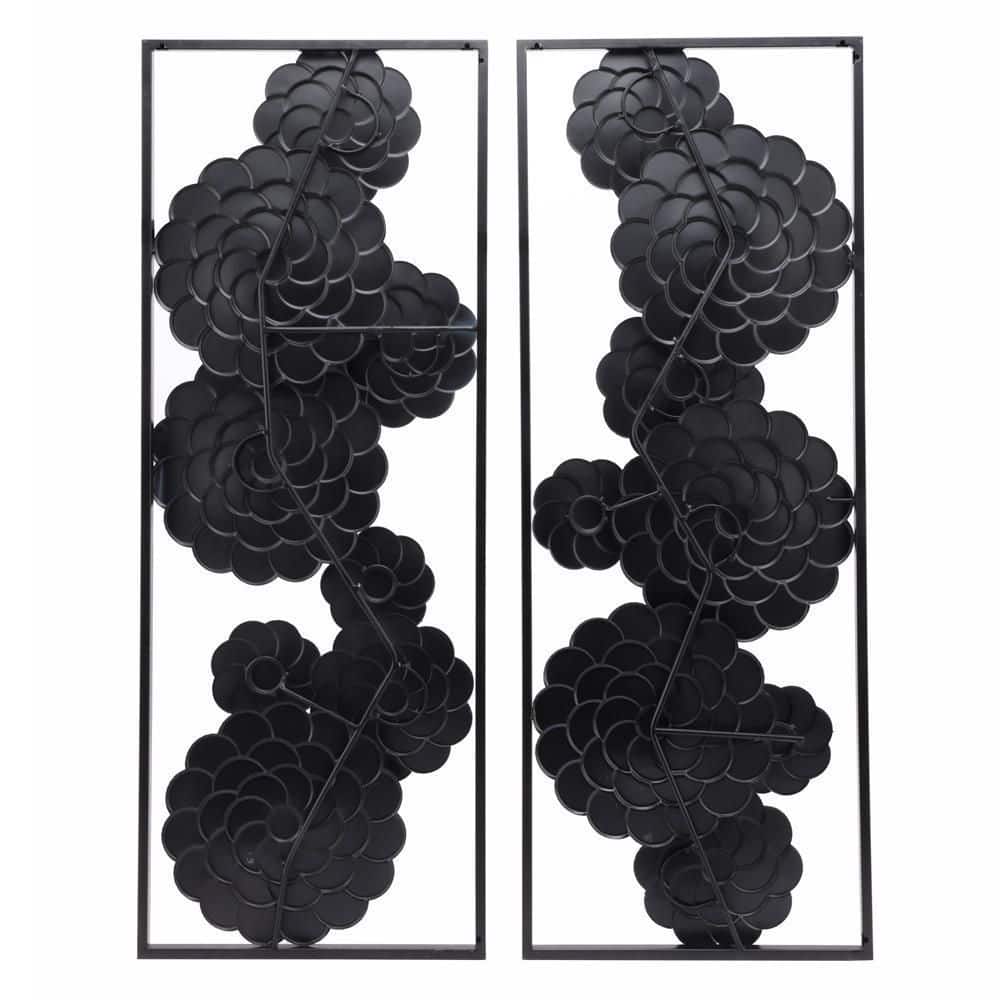Large Black and Gray Metal Floral Wall Art Panels, Set of 2
