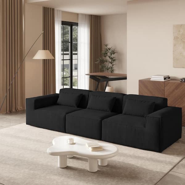 118 in. Square Arm Cloud Fleece Fabric 3-Seater Couch Memory Foam Deep Seat Modular Sectional Sofa in. Black for Bedroom