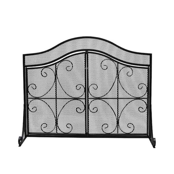 Noble House Pendleton Modern Black and Silver Three Panel Iron Fire Screen with Door