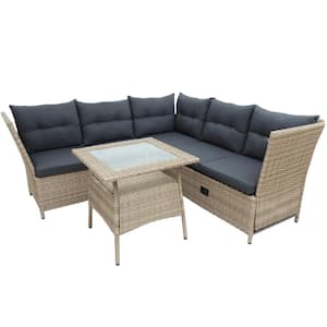 4-Piece Outdoor Patio All-Weathered PE Wicker Rattan Sofa Set with Adjustable Backs and Gray Cushions