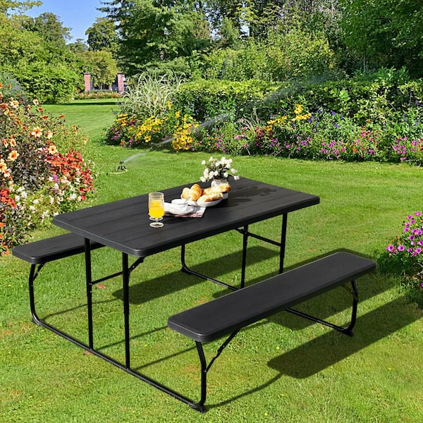 54 in. W Black Rectangle Steel Folding Picnic Table Seats 4 People with Wood like Texture RI LY 70672BK The Home Depot