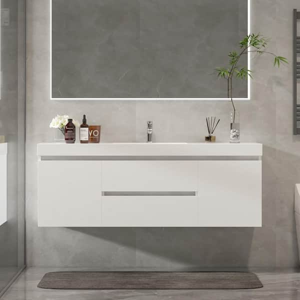 Annecy 60 in. W x 18.5 in. D x 20 in. H Bathroom Wall Hung Vanity in White with Single Basin Vanity Top in White Resin