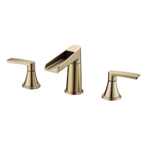 8 in. Widespread Faucet Double Handled Mid Arc Bathroom Faucet with Drain Assembly in Brush Gold