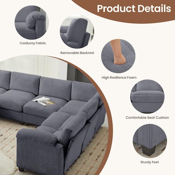 JEAREY 115 in. Corduroy Modular L-Shaped Dark Grey 7-Seat