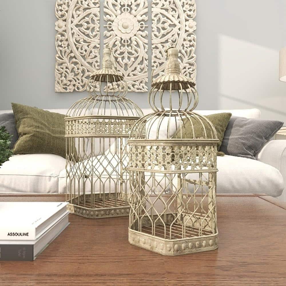 Cream Metal Birdcage Set with Floral Embossed Design, 21" and 18"