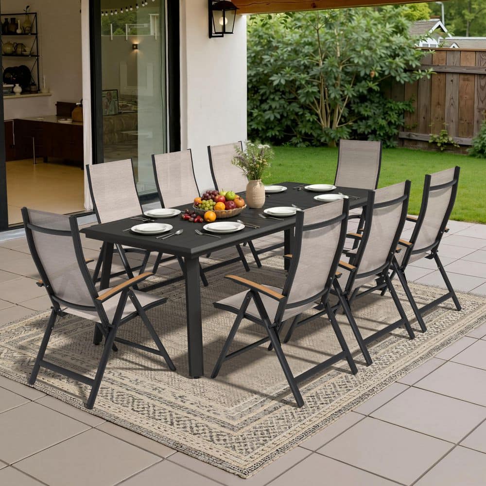 9-Piece 82.7 in. Rectangular Aluminum Patio Outdoor Dining Set with Adjustable Folding Chairs in Espresso price history on PriceWatchPro