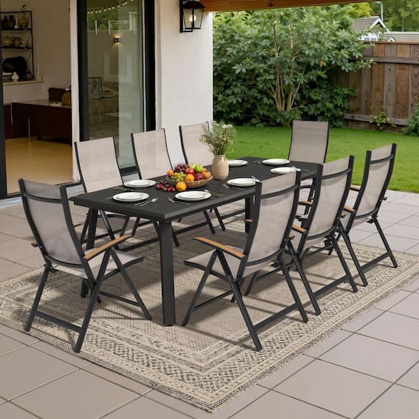 9 piece tdc sling patio set with umbrella 8 Pieces Table and Chairs Ft Patio Umbrella, Gray Treasure Garden Market Aluminum 9