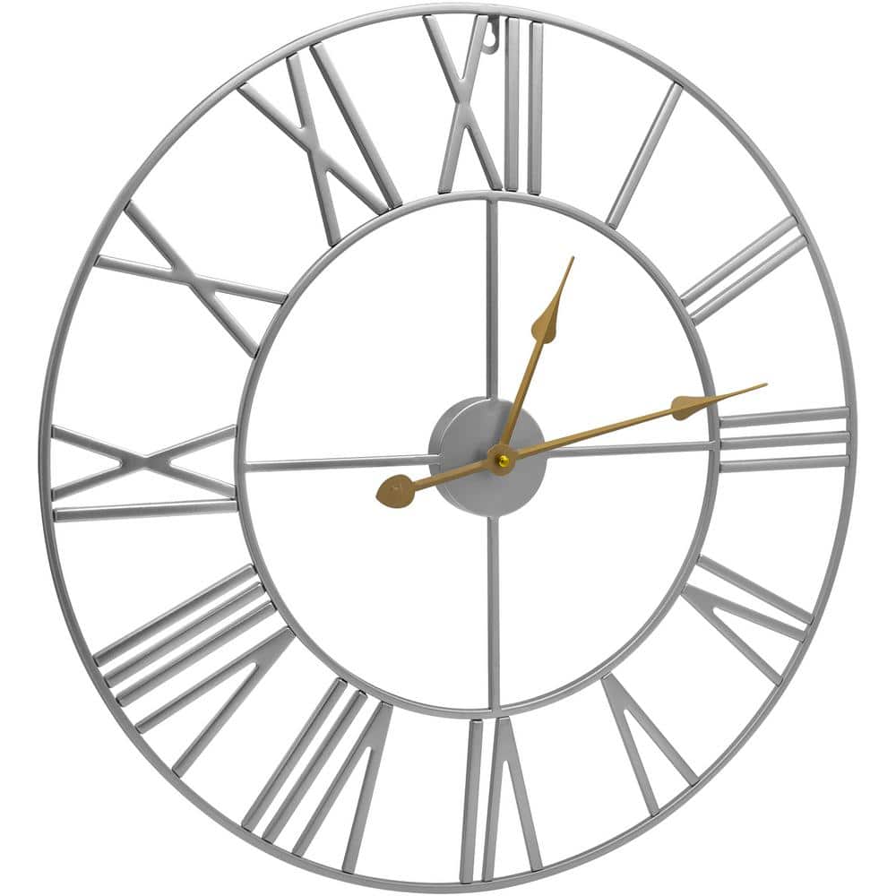 Oversized Silver Metal Roman Numeral Wall Clock