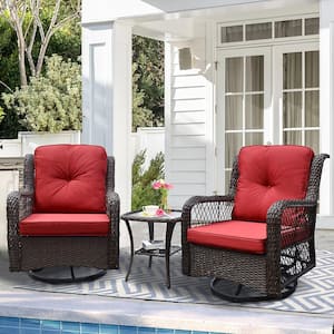 3-Piece Wicker Outdoor Rocking Chair Patio Conversation Set 360-Degree Swivel Chairs with Red Cushions and Side Table