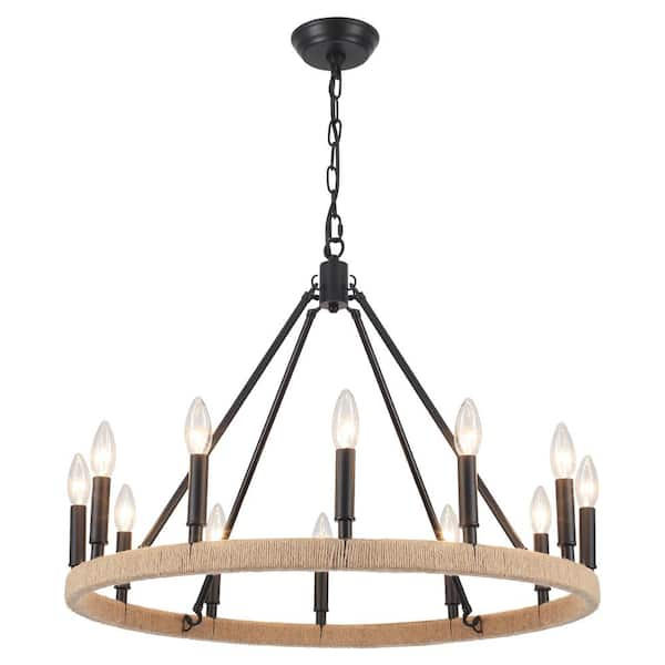 ZJVAIVE 12-Light Matte Black Classic Wagon Wheel Twine Woven Chandelier ...