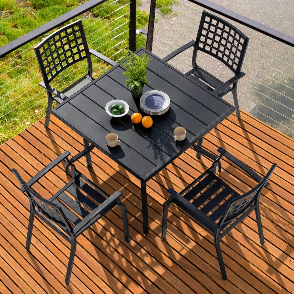 Black Iron 5-Piece Square Outdoor Dining Set with Umbrella Hole
