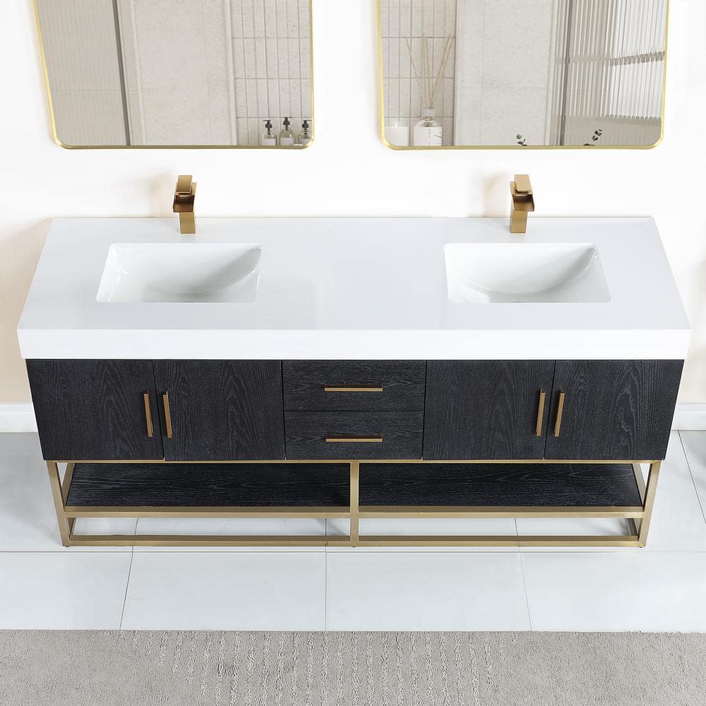 Bianco 72" Black Oak and White Double Vanity with Gold Accents