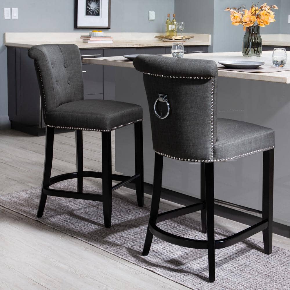 Espresso Birchwood Charcoal Linen Counter Stool with Metal Accent