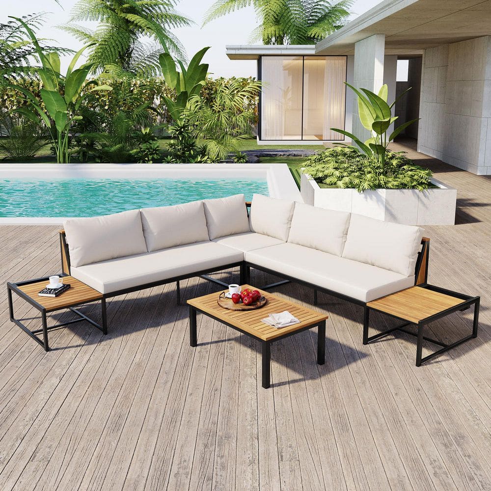 4-Piece Metal Outdoor Patio Conversation Set with Beige Cushions for Garden