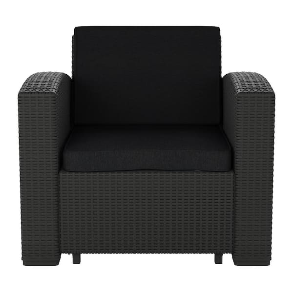 CorLiving Lake Front Resin Wicker Outdoor Lounge Chair with Black Cushion