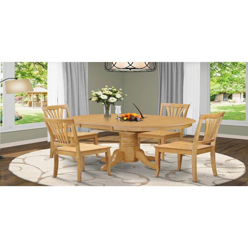 Oak Finish Oval Pedestal Dining Table Set with 4 Slat Back Chairs